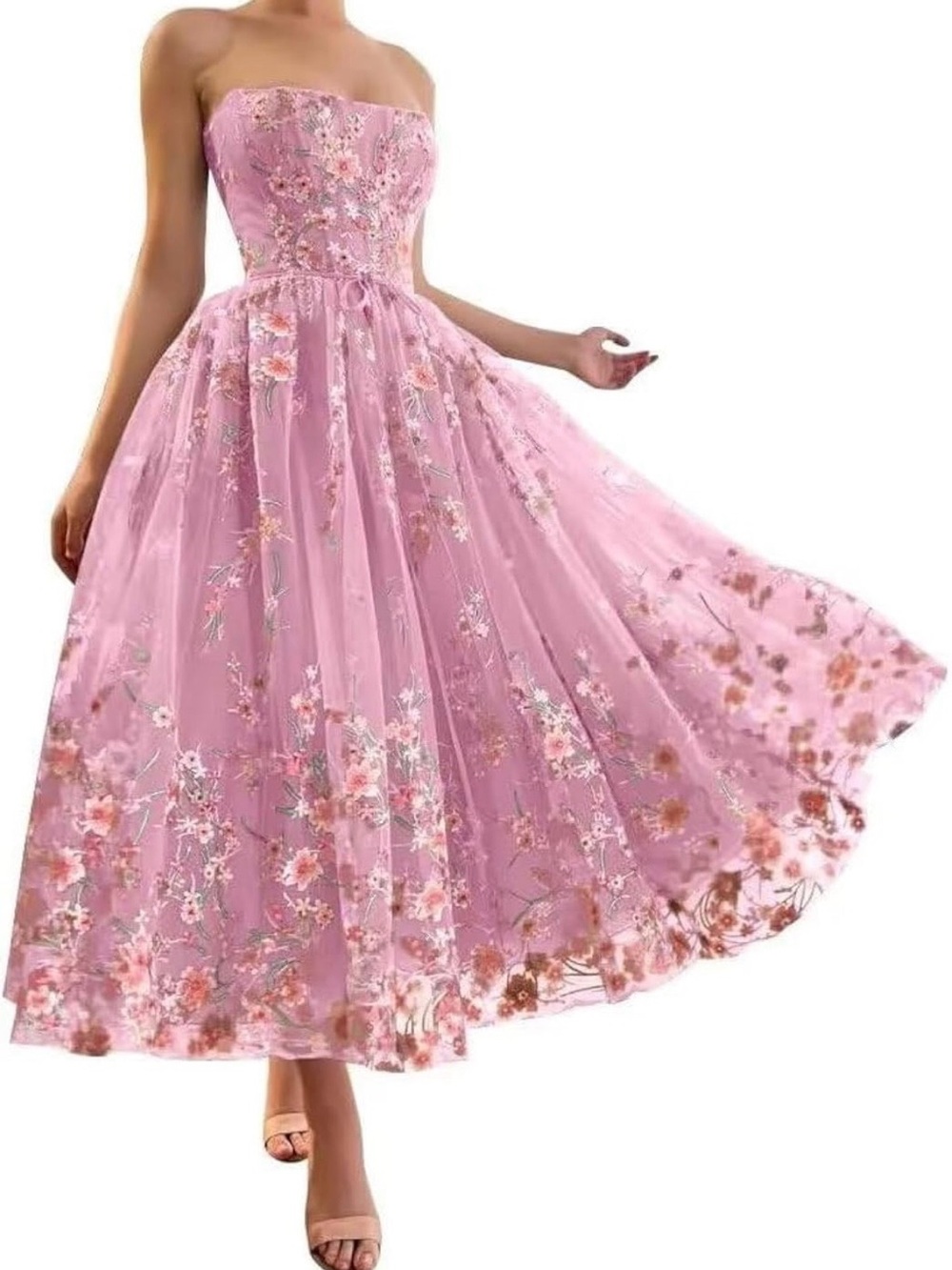 Tea Length Prom Dress Formal Floral Gowns with Pocket